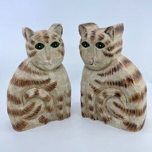 james haddon hand carved wooden cat bookends double sided green eyed 8 5/8" tall